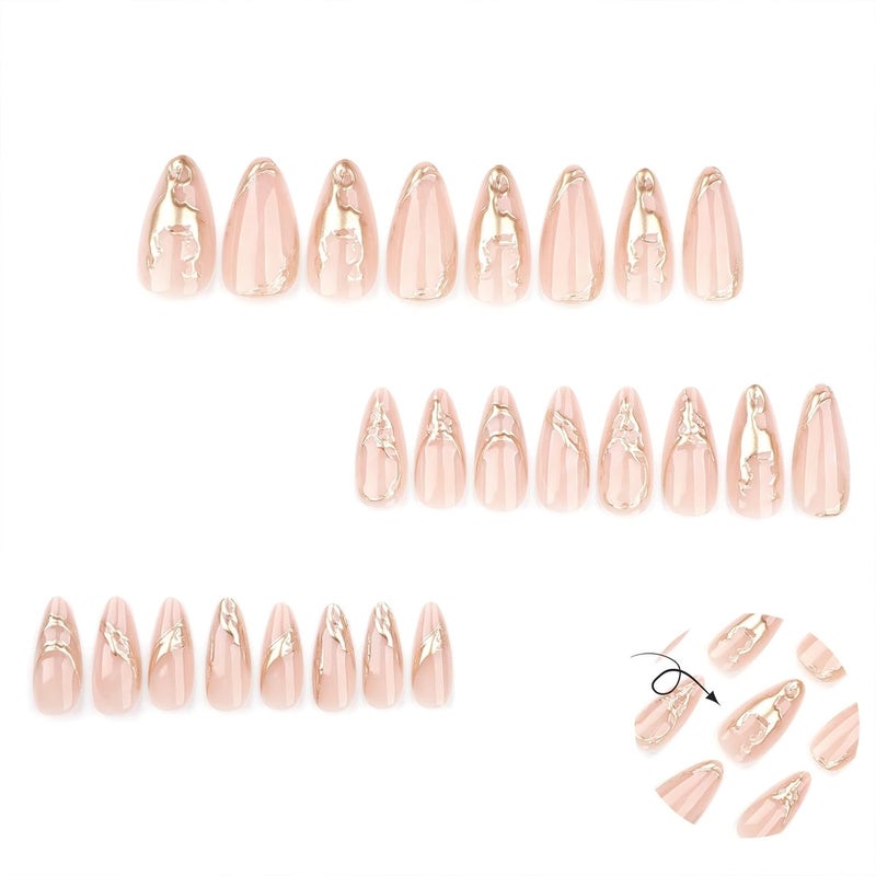 SINHOT Stiletto Glue on Nails - Long, Almond Artificial Nails with Marble Ombre, 3D Gold Chrome Design - 24 pcs - Image 3